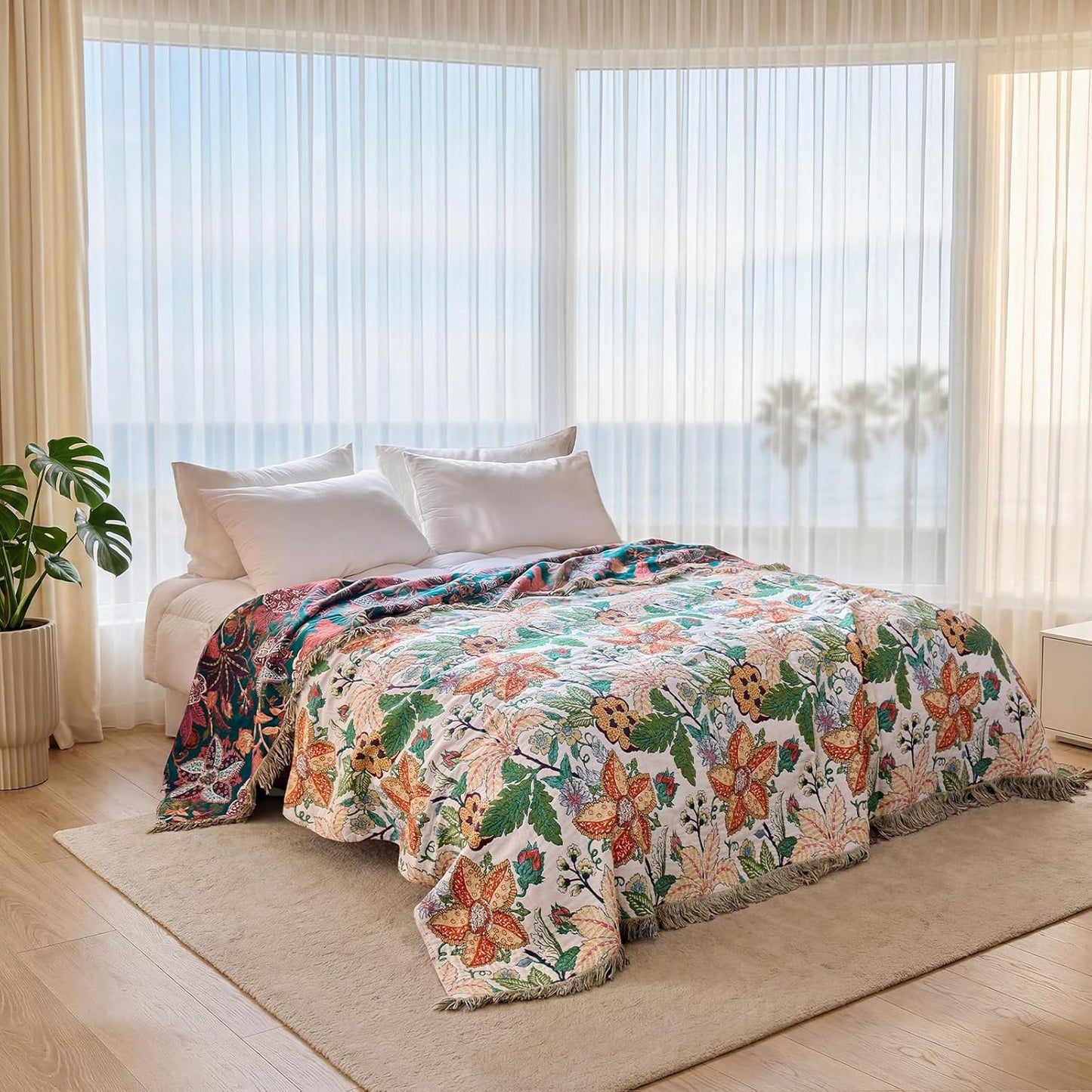 Boho Throw Blanket - 100% Cotton Soft Summer Throw Blanket for Bed, 50"x60" Reversible Breathable Lightweight Blankets, All Seasons Farmhouse Decor Floral Plant Butterfly Throw Quilt