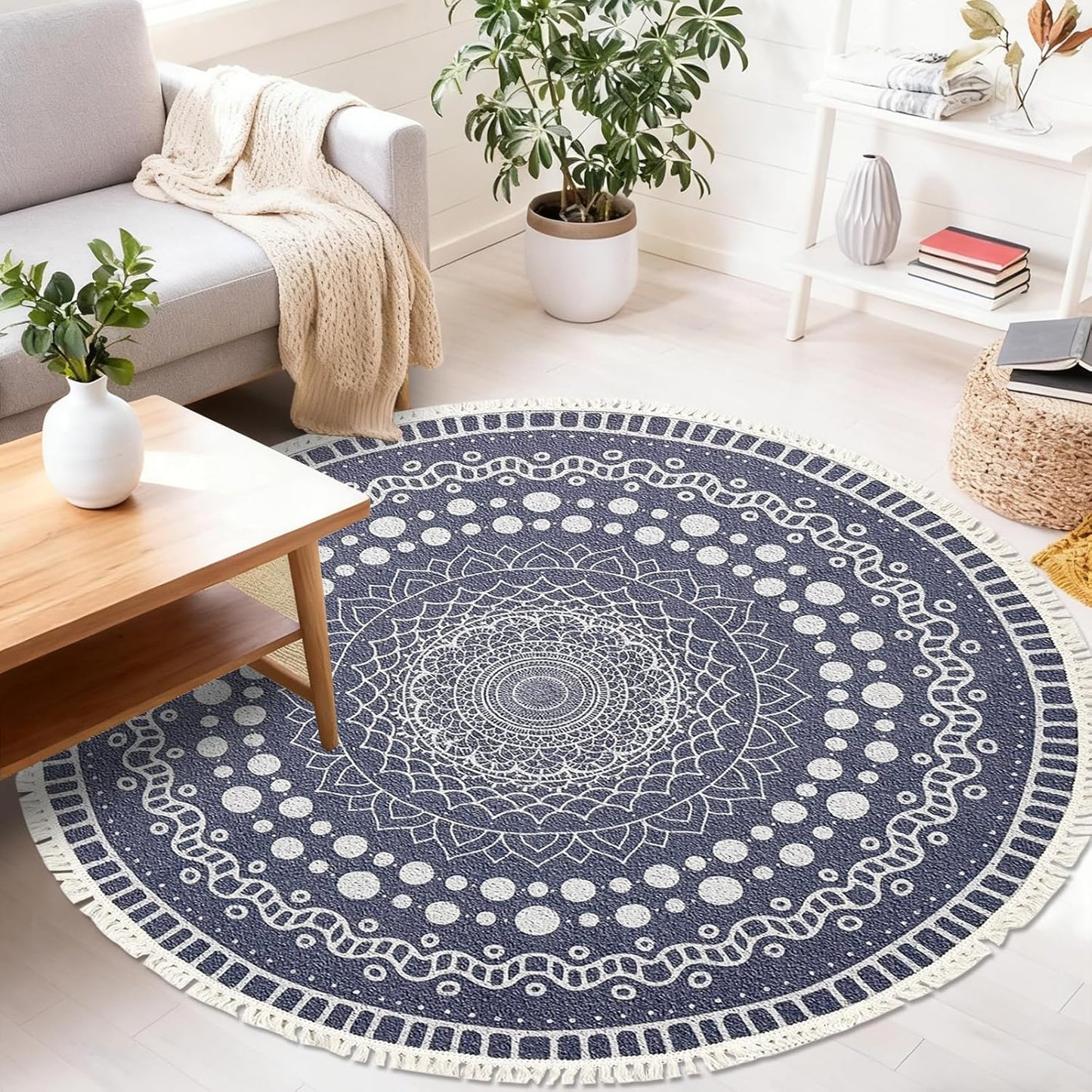 Boho Rug 5Ft Round Bedroom Carpet Circle Nonslip Farmhouse Area Rug Rustic Mandala Floor Mat for Living Room Locker Room Tassel Yoga Throw Rugs Washable Doormat, Purple