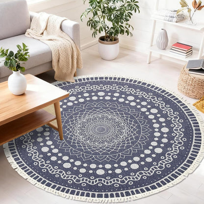 Boho Rug 5Ft Round Bedroom Carpet Circle Nonslip Farmhouse Area Rug Rustic Mandala Floor Mat for Living Room Locker Room Tassel Yoga Throw Rugs Washable Doormat, Purple