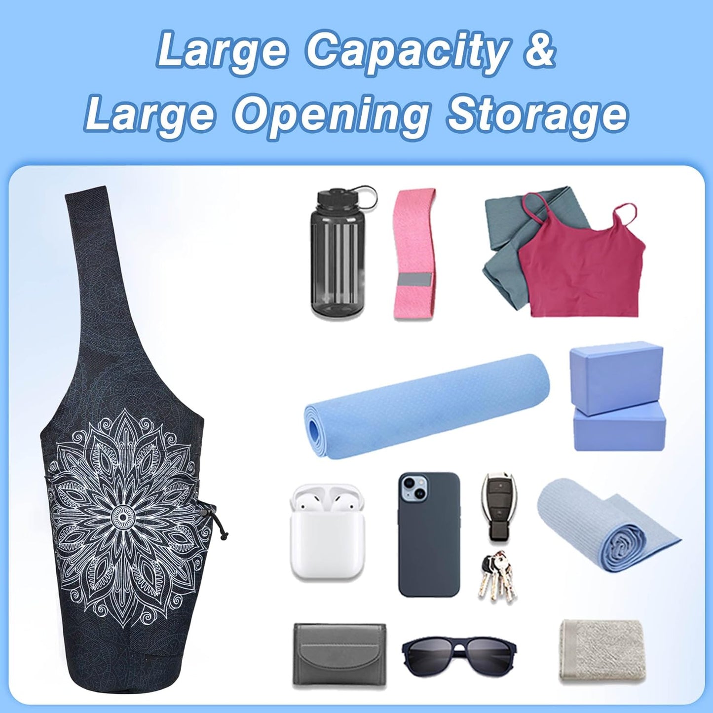 Yoga Mat Bag - Large Opening Long Tote Yoga Mat Carrier Holder Bag with Waterproof Wet Zipper Pocket and Drawstring Water Bottle Pocket - Yoga Bag Fit Most Size Mats