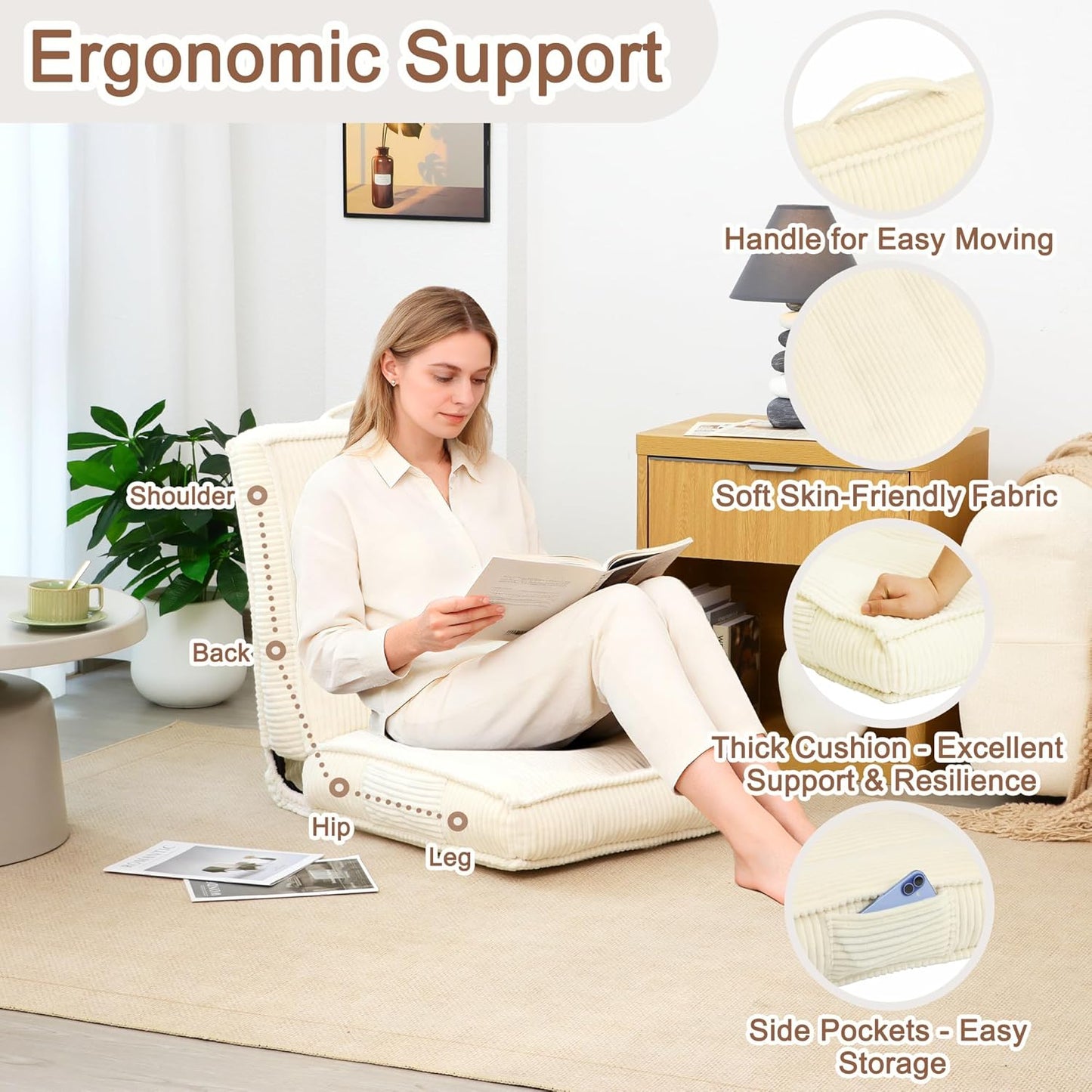 Adjustable Floor Chair with Back Support, 6-Position, Folding Japanese Meditation Tatami Chair, Comfy Gaming Chairs for Adults, Accent Sofa Reading Chairs, Living Room, Bedroom, Coffee