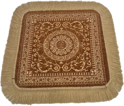 Soft Chenille Prayer Mat | Traditional Mandala Floral Pooja Aasan with Golden Fringes | Multipurpose Square Rug for Meditation, Yoga, Puja Room & Home (Red, 2x2 Feet)