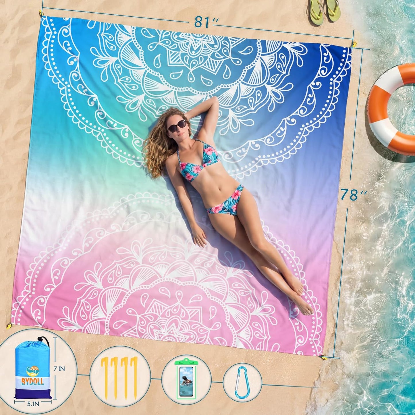 BYDOLL Beach Blanket Waterproof Sandproof Large Sand Free,78''X81''/10'X9' Oversized Sandless Lightweight Blanket Picnic Mat for Beach Travel Camping Hiking with Stakes