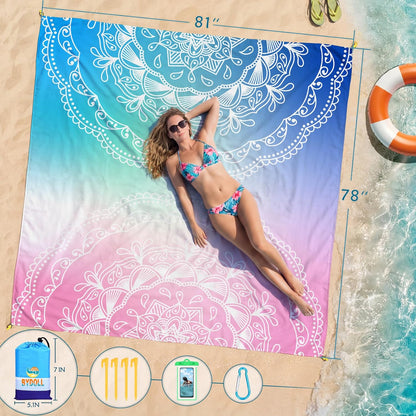 BYDOLL Beach Blanket Waterproof Sandproof Large Sand Free,78''X81''/10'X9' Oversized Sandless Lightweight Blanket Picnic Mat for Beach Travel Camping Hiking with Stakes