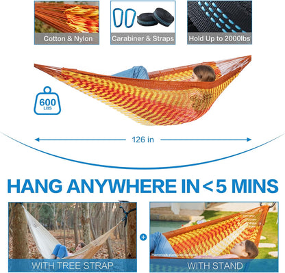 PNAEUT Handwoven Mayan Hammocks, Double Rope Hammock for Outdoor Outside & Indoor, Thick Soft 600 lbs Capacity Heavy-Duty, Includes Tree Straps, Carabiners & Carrying Bag (Nature, X-Large)