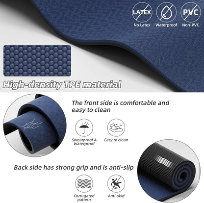 Large Yoga Mat 76"x 40"x10mm (2/5 inch) – Extra Thick & Wide, TPE Fitness Mat, Printed Non-Slip Exercise Mat with Carrying Strap for Men & Women, Pilates, Stretching, Fitness & Workout