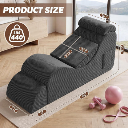 Yoga Chair Lounge for Adult, Ergonomic Foam Chaise Lounge Chair Indoor with Side Pocket, Headrest, Waist Pad, Ottoman, Perfect for Stretching, Massage, and Relaxation, No Assembly Required(Black)