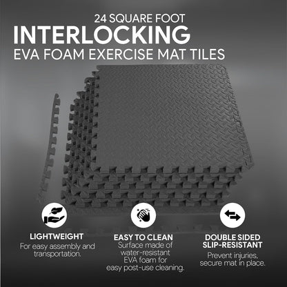 BalanceFrom Puzzle Exercise Mat 1" Thick, EVA Interlocking Foam Floor Tiles for Home Gym, Mat for Home Workout Equipment, Floor Padding for Kids, Black, 24 in x 24 in x 1 in, 24 Sq Ft - 6 Tiles