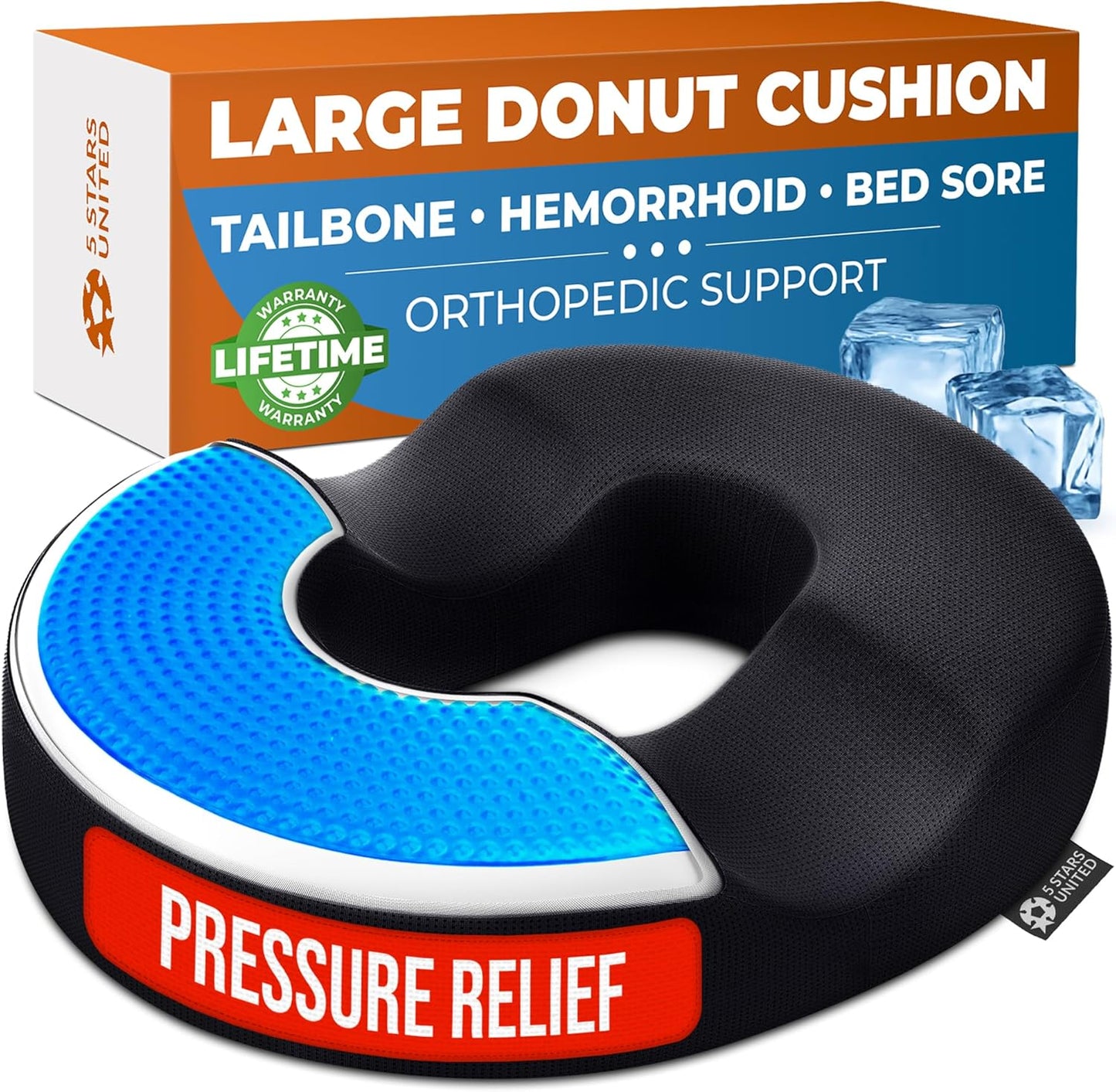 5 STARS UNITED Donut Pillow Hemorrhoid Tailbone Cushion – Large Floor Cushion for Pain Relief – Coccyx, Prostate, Sciatica, Pelvic Floor, Pressure Sores, Pregnancy, Postpartum Recovery, Black