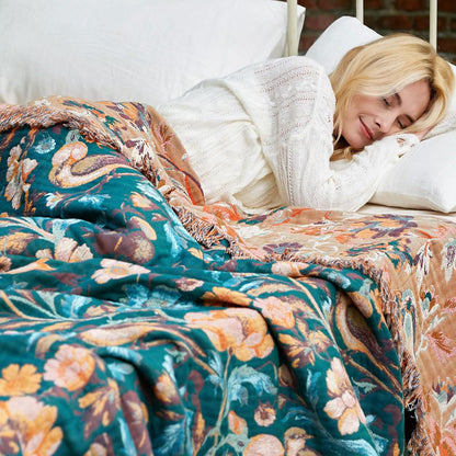 Boho Throw Blanket - 100% Cotton Soft Summer Throw Blanket for Bed, 50"x60" Reversible Breathable Lightweight Blankets, All Seasons Farmhouse Decor Floral Plant Butterfly Throw Quilt