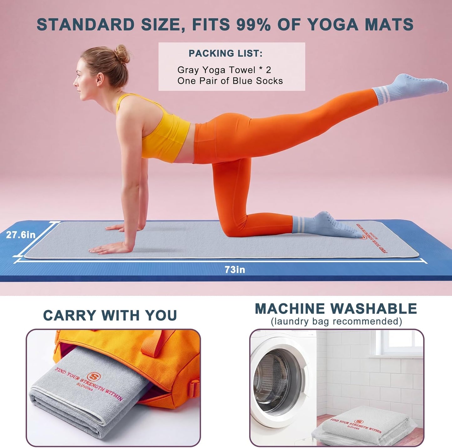 Upgraded Yoga Mat Towel with Bonus Grip Socks Elegant Embroidered Design, 1-Second Sweat Absorption & Non-Slip | Machine Washable Microfiber | Hot Yoga, Pilates | 73''*27.6'' | Orchid Purple