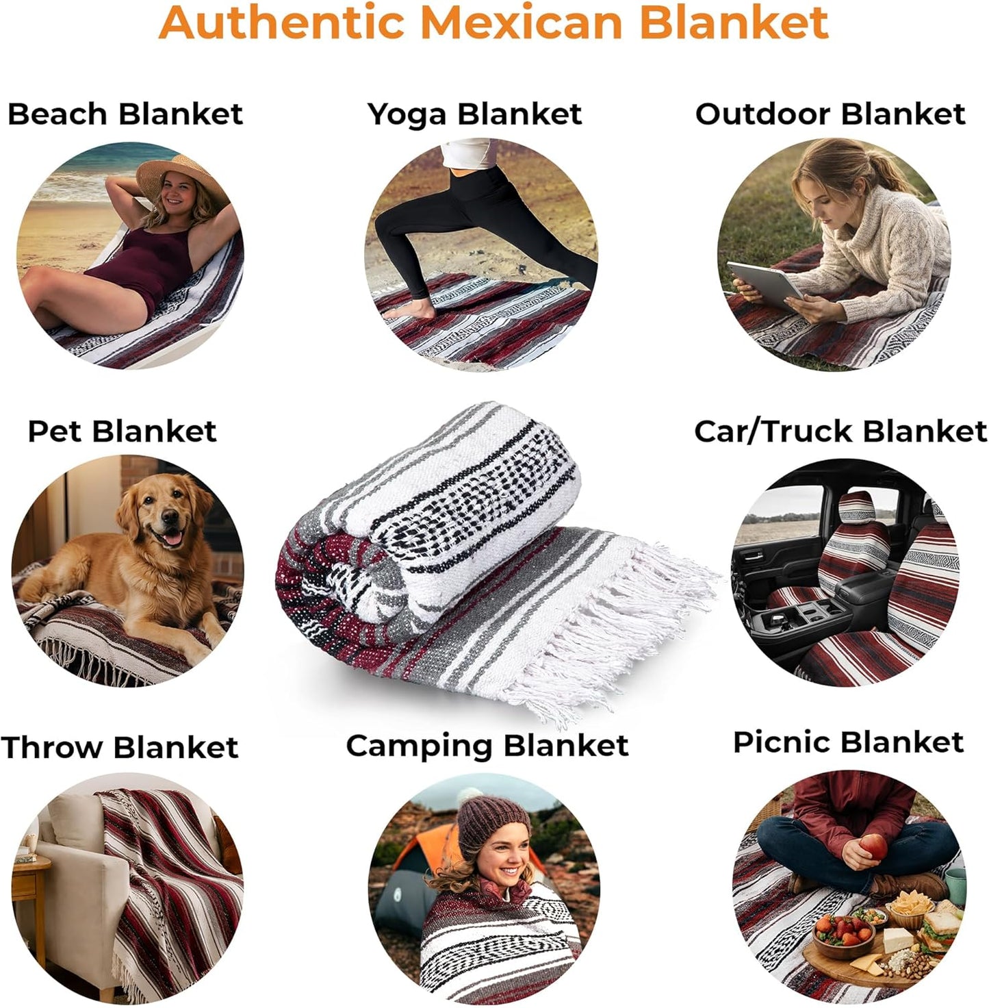 Hydration Nation Authentic Large Handwoven Mexican Blanket - Soft Yoga - Durable Serape - Lightweight Falsa, Beach, Camping, Picnic, Outdoor 70"x50" - Mandarin