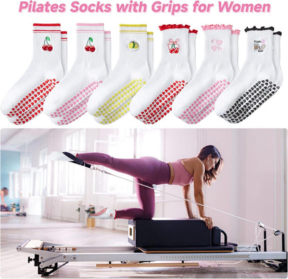 Grip Socks Pilates,4/6Pairs Cotton Cute Pilates Socks for Women, Ruffle Grippy Sock for Yoga Barre Hospital 5-10in