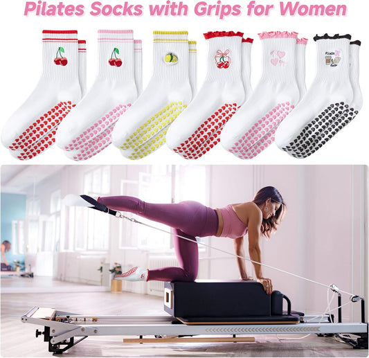 Grip Socks Pilates,4/6Pairs Cotton Cute Pilates Socks for Women, Ruffle Grippy Sock for Yoga Barre Hospital 5-10in
