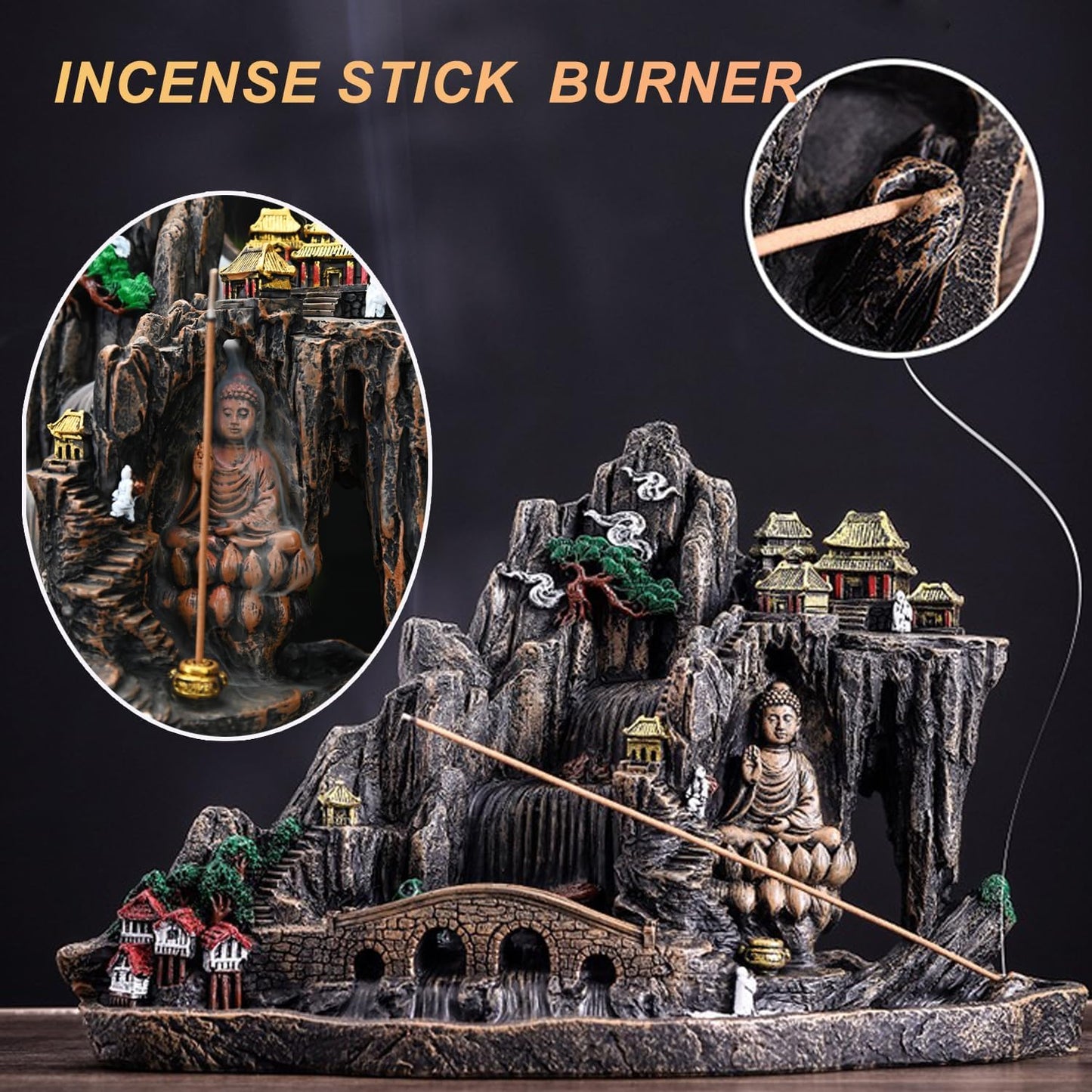 Mountain Waterfall Incense Burner，Backfall Incense Holder River, Incense Falls Meditation Decor for Room with Upgrade Incense Cones and Accessories (Mountain)