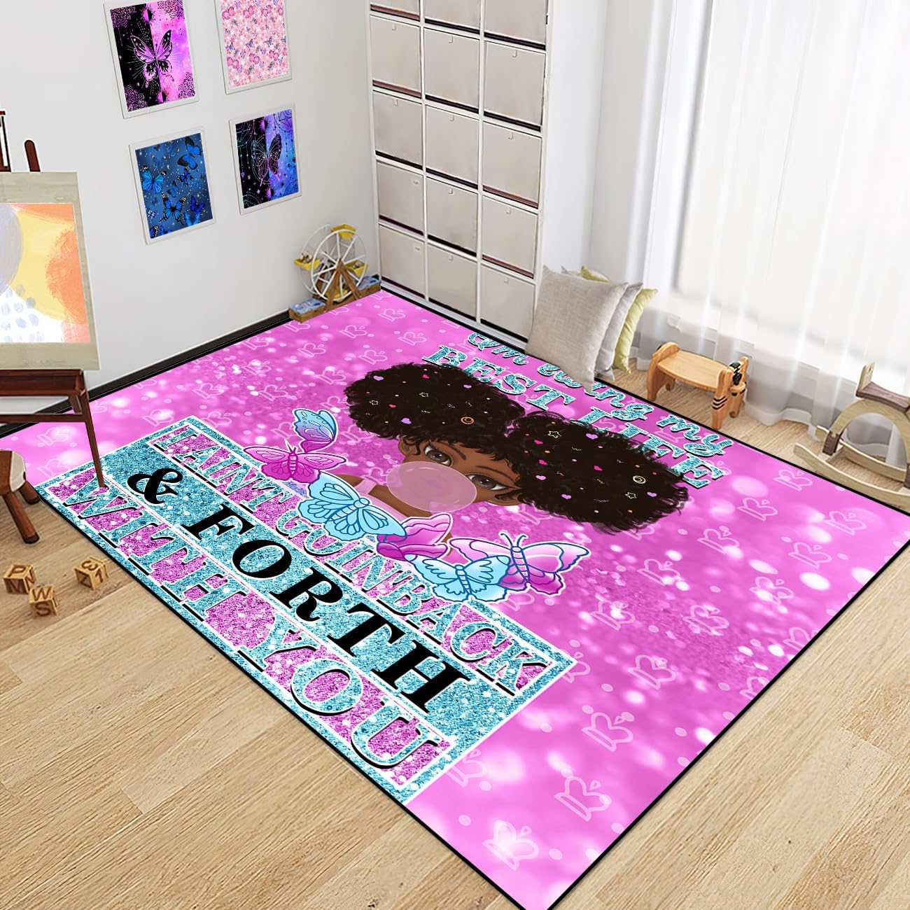 Black Girl Area Rug for Bedroom African Black Girls Floor Rugs for Living Room Playroom Cartoon Art Home Decor Soft Yoga Mats for Women Afro Purple 47" x 31" (2.7 x 3 Feet)
