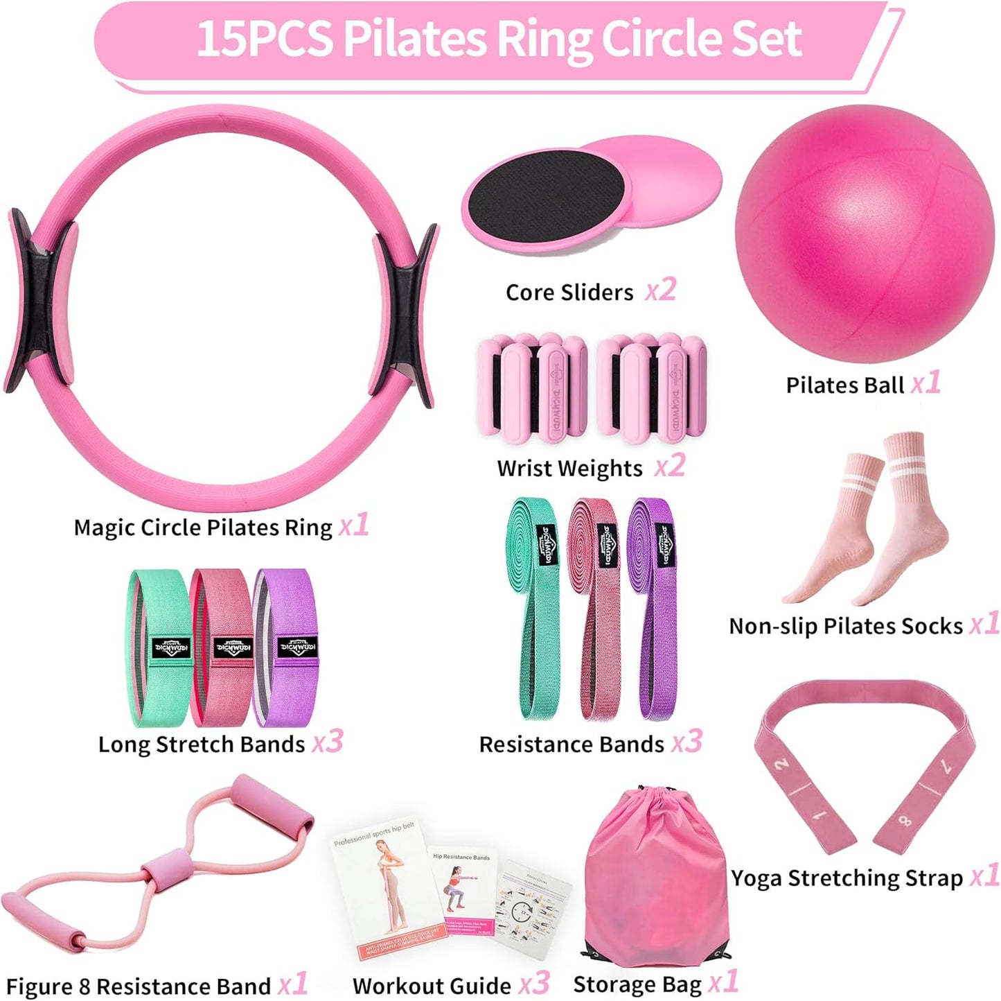 DICYWUDI Pilates Essentials Kit for Home Women, Pilates Equipment for Workouts, 6 Fabric Resistance Bands, 12 Inch Magic Circle Yoga Ring, Mini Exercise Ball, Great Exercise Equipment