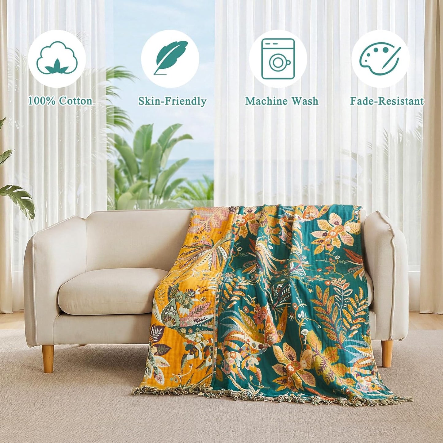 Boho Throw Blanket - 100% Cotton Soft Summer Throw Blanket for Bed, 50"x60" Reversible Breathable Lightweight Blankets, All Seasons Farmhouse Decor Floral Plant Butterfly Throw Quilt