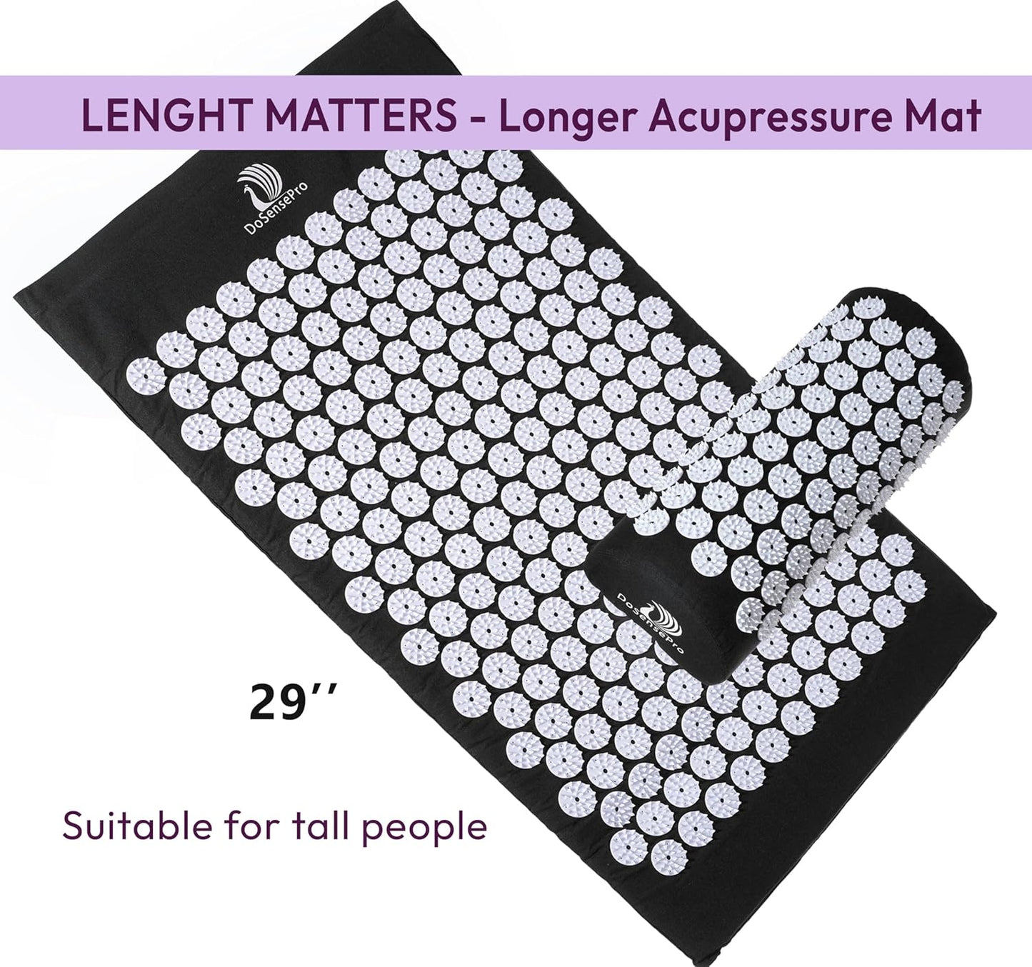Acupressure Mat & Pillow Set – Extra-Long 29” Acupressure Therapy for Back & Neck Pain Relief, Sciatica, Stress Relief & Sleep Support – Includes Carry Bag & Hot/Cold Pack (Purple)
