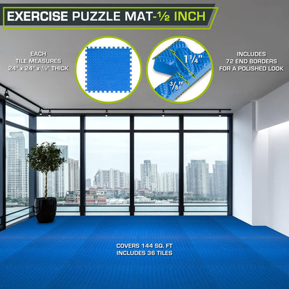 ProsourceFit Exercise Puzzle Mat ½-inch, EVA Interlocking Foam Floor Tiles for Home Gym, Workout Equipment, Kids Play Areas, Black, 24 SQ FT - 6 Tiles