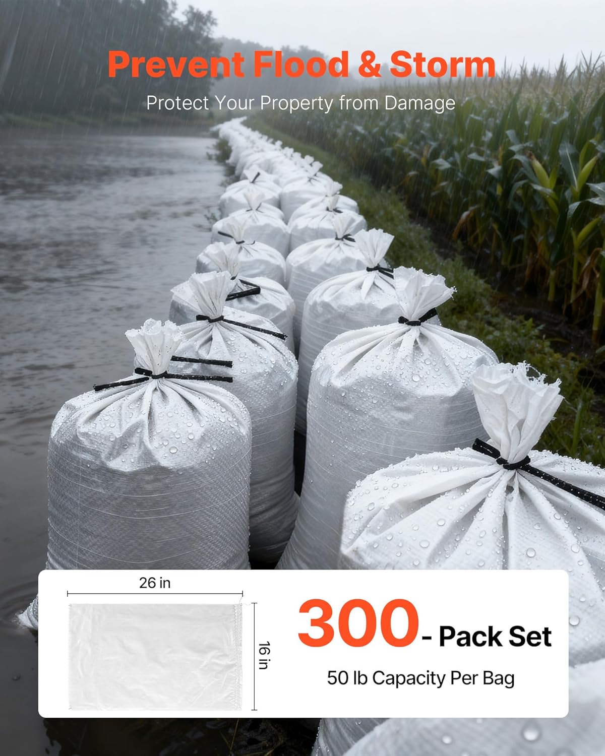 VEVOR Heavy Duty Sand Bags, 50Pack 14" x 26", Empty Sandbags for Flooding with Tie Strings, Woven Polypropylene Sand Bag with 1600 Hours of UV Protection, 50Lbs Capacity