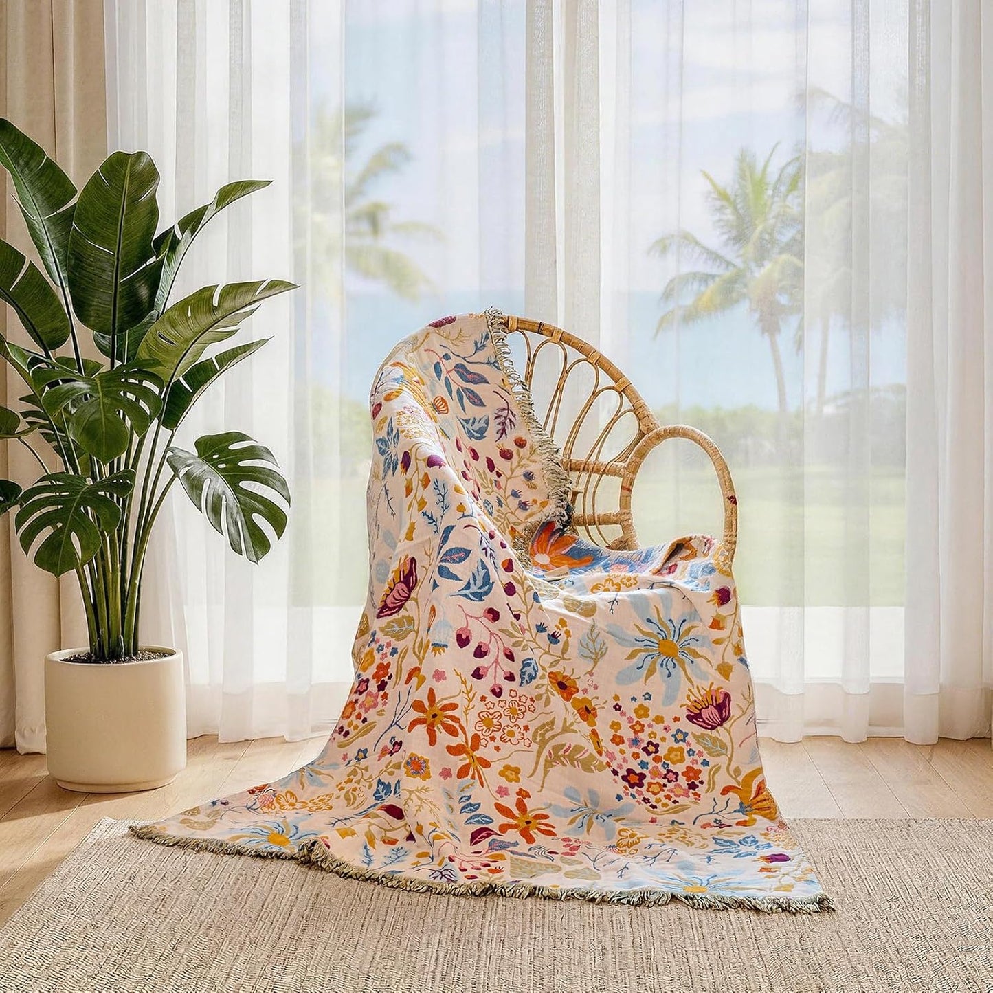 Boho Throw Blanket - 100% Cotton Soft Summer Throw Blanket for Bed, 50"x60" Reversible Breathable Lightweight Blankets, All Seasons Farmhouse Decor Floral Plant Butterfly Throw Quilt