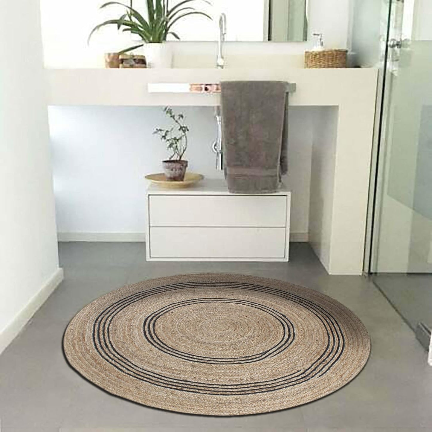 100% Hand Braided Jute Rug Geometric Beige & Black Circle Area Rug Indoor/Outdoor Use Yoga Mat Best Uses for Learning Game,Class Room,Nursery Room,Loundry & Kitchen 4x4 Feet Round