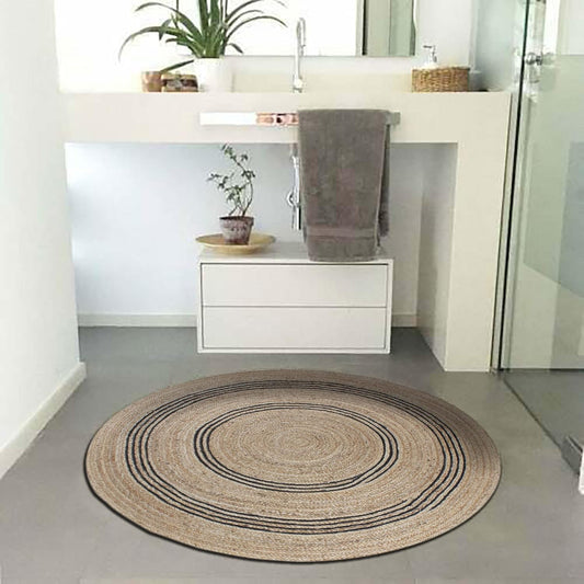 100% Hand Braided Jute Rug Geometric Beige & Black Circle Area Rug Indoor/Outdoor Use Yoga Mat Best Uses for Learning Game,Class Room,Nursery Room,Loundry & Kitchen 4x4 Feet Round