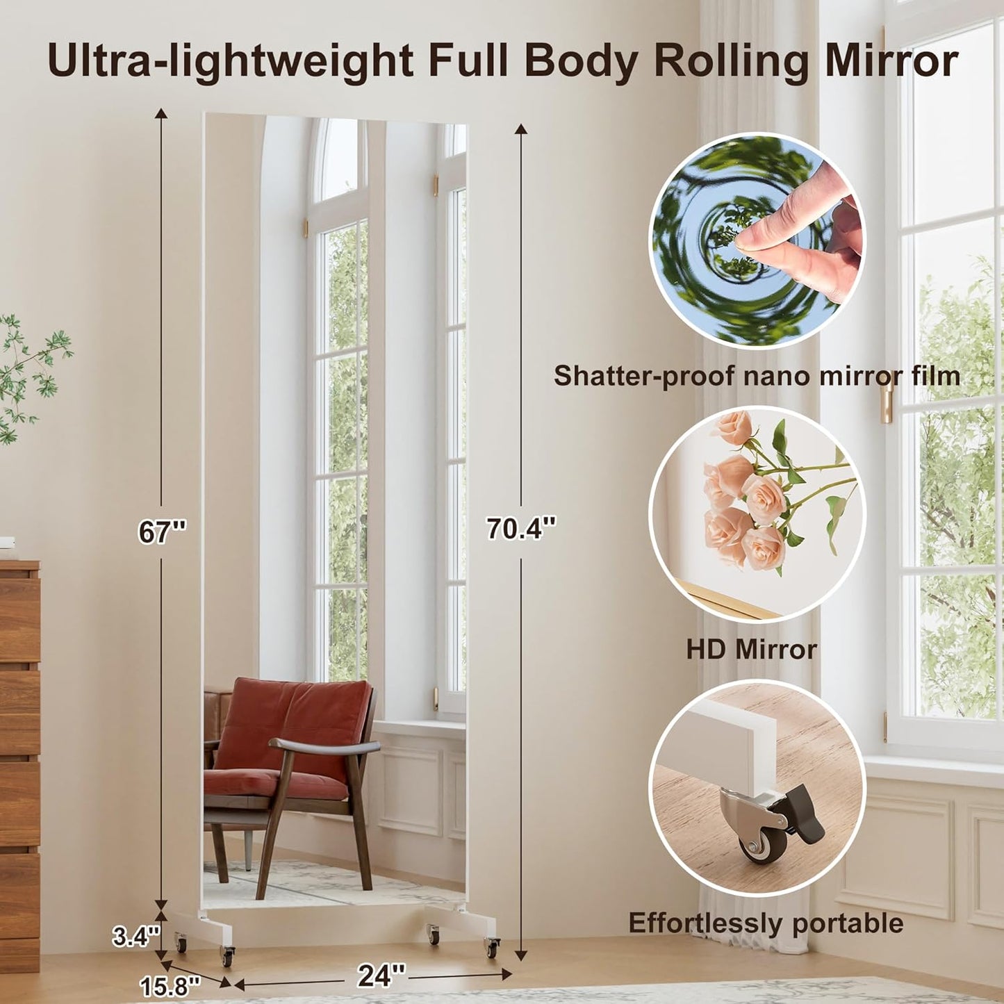 brisafe 67"x24" Ultra-Light Mobile Floor Mirror with 360° Wheels, 0.04mm Shatterproof Nano Film for Home Gym/Yoga/Dance Studio & Commercial Use | 60% Insurance Savings | Black