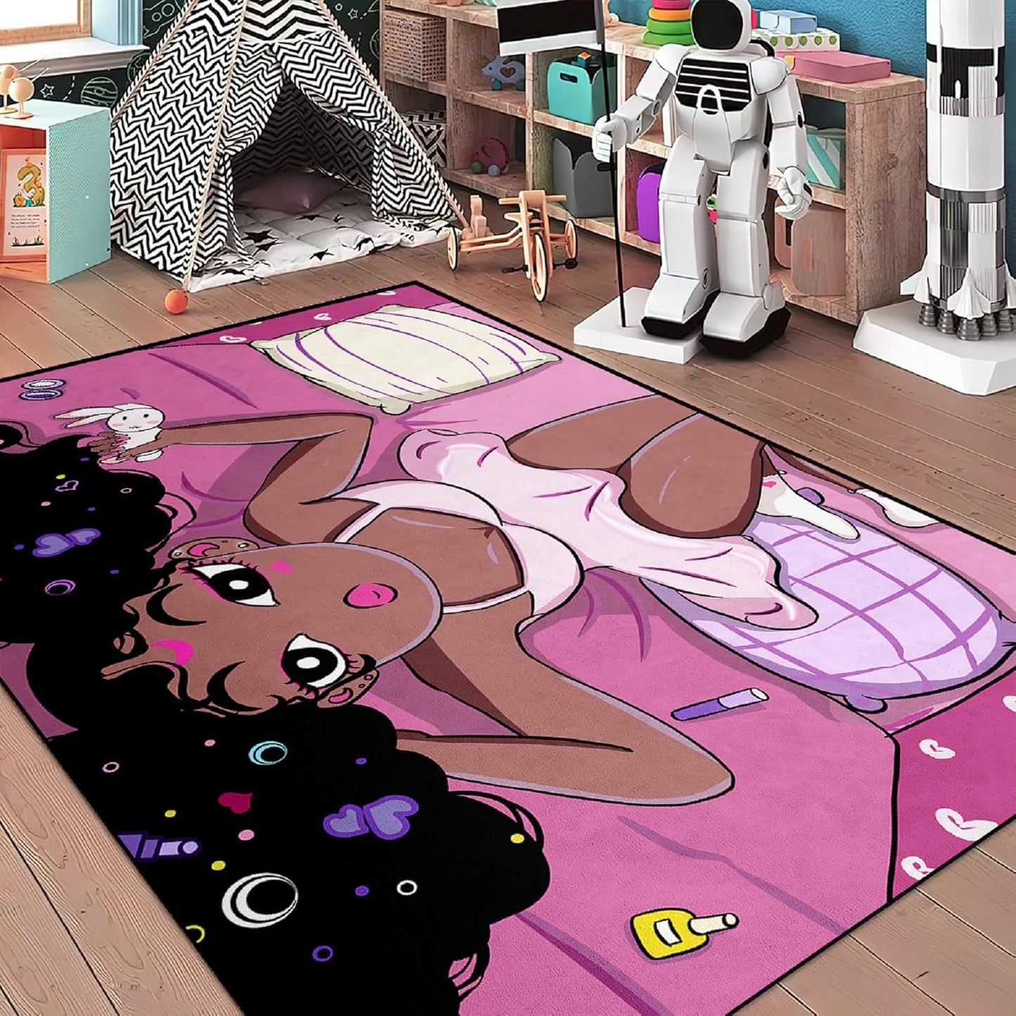 Black Girl Area Rug for Bedroom African American Rugs for Room Princess Carpet Kids Rugs for Bedroom African Girls Carpet for Living Room Teen Girls Yoga Mats, Pink, 4'×5'