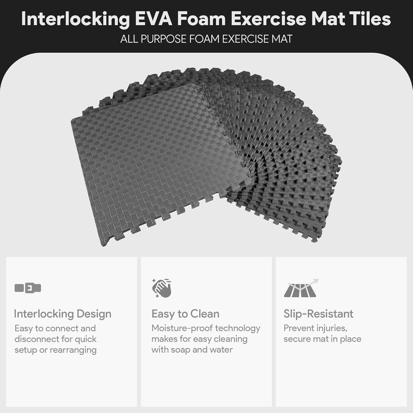 BalanceFrom Puzzle Exercise Mat 1" Thick, EVA Interlocking Foam Floor Tiles for Home Gym, Mat for Home Workout Equipment, Floor Padding for Kids, Black, 24 in x 24 in x 1 in, 24 Sq Ft - 6 Tiles