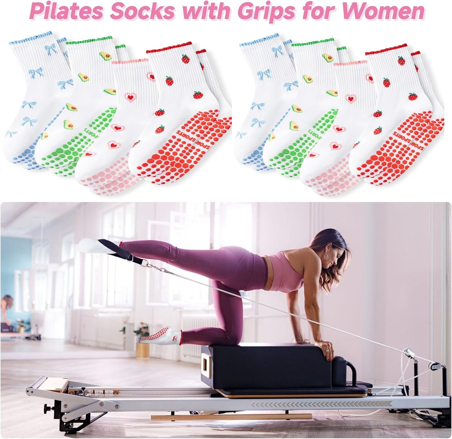 Grip Socks Pilates,4/6Pairs Cotton Cute Pilates Socks for Women, Ruffle Grippy Sock for Yoga Barre Hospital 5-10in