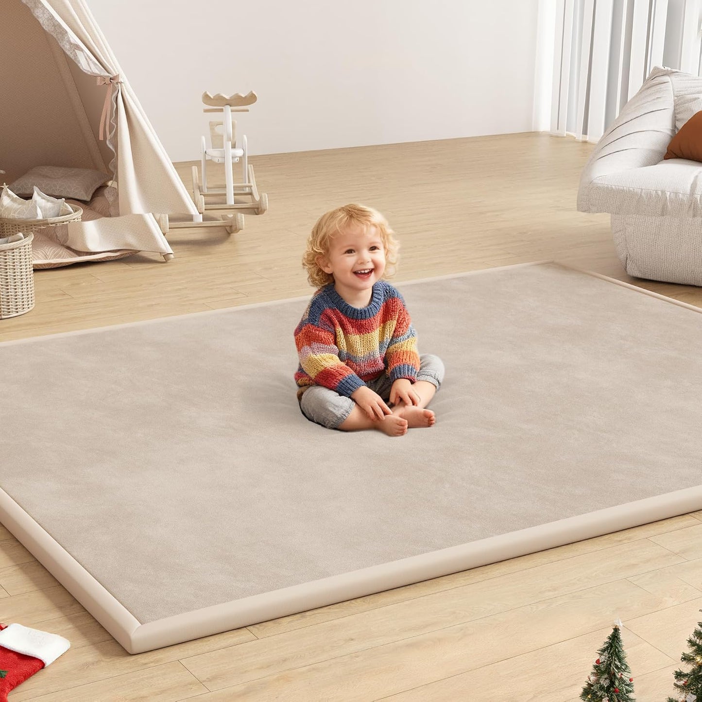Baby Play Mat for Floor, 1.3'' Thick Memory Foam Tummy Time Mat - Super Soft Coral Velvet Nursery Rug with Non-Slip Backing, Crawling Rug for Toddlers/Infants, Yoga & Tatami Use, Oatmeal, 79''x 118''