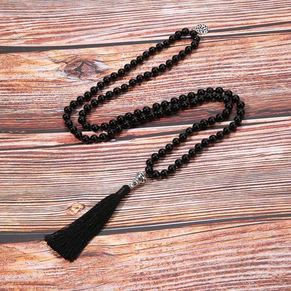 108 Mala Beads Necklace Semi-Precious Gem Stones Meditation Necklace 108 Hand Knotted Japa Mala Beaded Tassel Necklace with Tree of Life Pendant