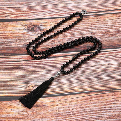 108 Mala Beads Necklace Semi-Precious Gem Stones Meditation Necklace 108 Hand Knotted Japa Mala Beaded Tassel Necklace with Tree of Life Pendant