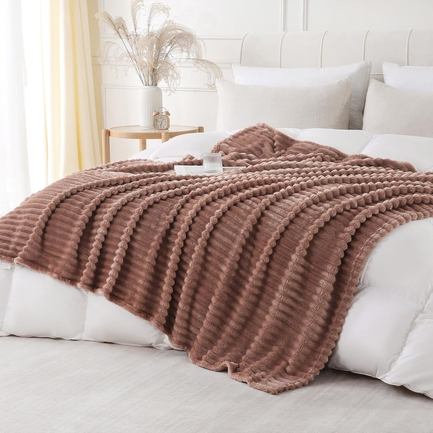 Khaki Throw Blanket for Couch Sofa 50x60 inches Striped Fleece Blankets Room Home Decor Lightweight Plush Soft Cozy Gifts for Women Mom Girls