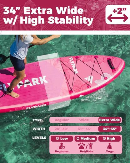Flypark 11'x34 Inflatable Paddle Boards, Extra Wide SUP for 420lbs/3Adults, Yoga Stand Up Paddle Board, 110L Backpack, 15 D-Rings, Shoulder Strap, US-Fin, 2-Action Pump