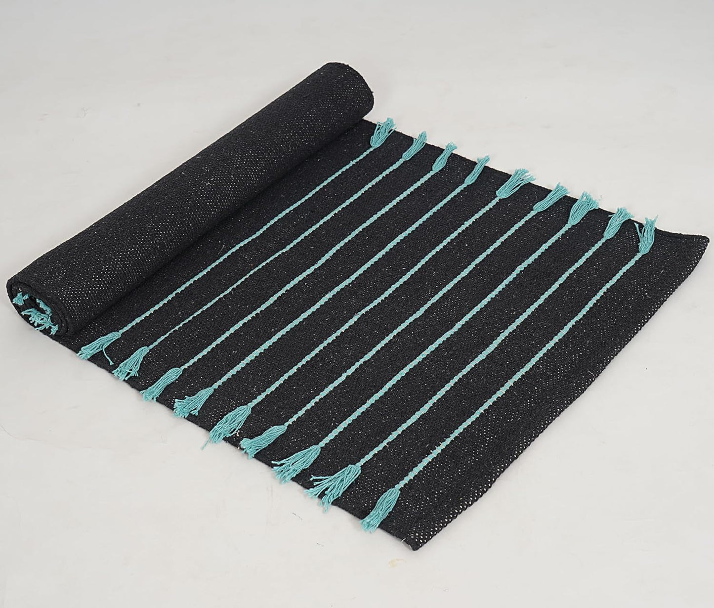 Indian Handmade 100% Organic Cotton Yoga Mat, Hand Woven Rug, Thick Yoga Mat For Everyday Fitness at Home Comfortable Foldable Long Mat 72 x 24 Inches, Balck & Turquoise