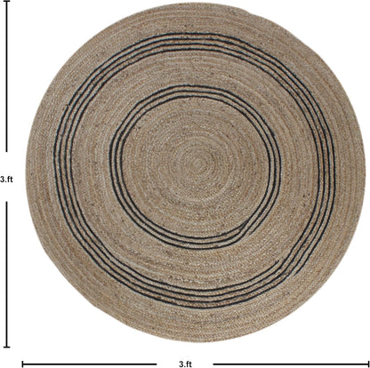 100% Hand Braided Jute Rug Geometric Beige & Black Circle Area Rug Indoor/Outdoor Use Yoga Mat Best Uses for Learning Game,Class Room,Nursery Room,Loundry & Kitchen 4x4 Feet Round