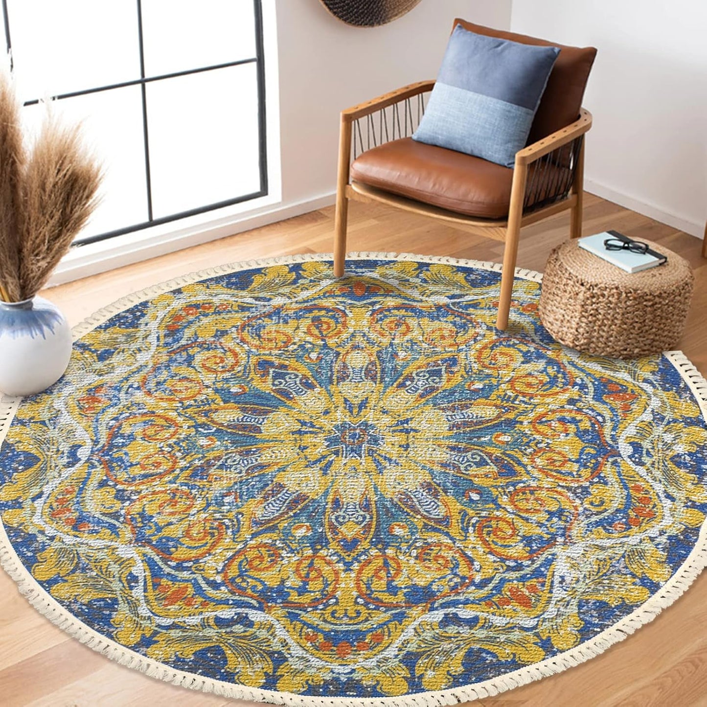 Boho Rug 5Ft Round Bedroom Carpet Circle Nonslip Farmhouse Area Rug Rustic Mandala Floor Mat for Living Room Locker Room Tassel Yoga Throw Rugs Washable Doormat, Purple