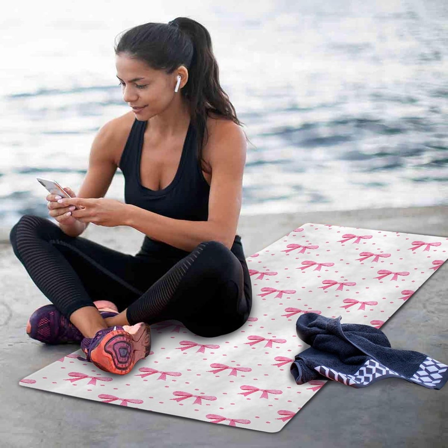 Pink Bows Yoga Mat, 71” x 26” Non-Slip Sports Yoga Mat with Storage Bag, for Indoor and Outdoor Fitness Exercise, Pilates