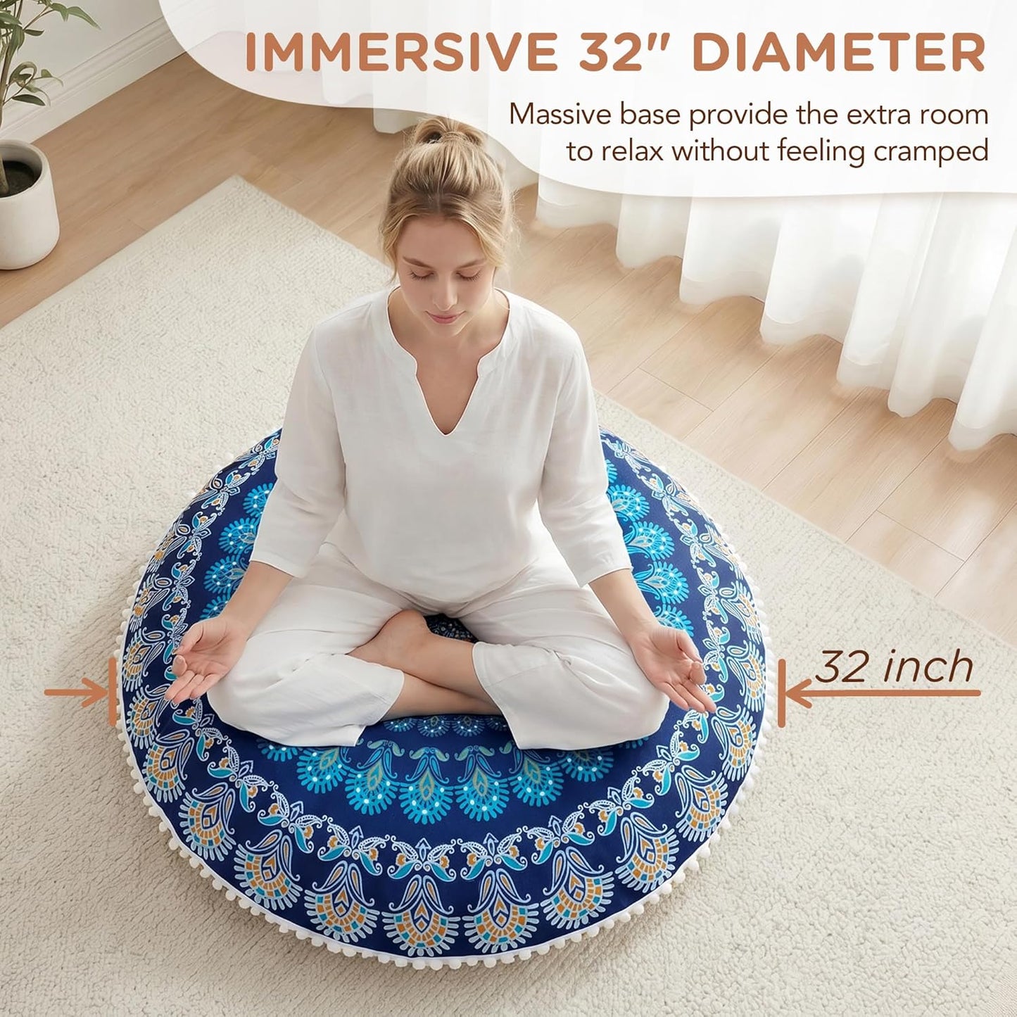Codi Meditation Floor Pillow Set of 2, Round Large Pillows Seating for Adults, Bohemian Mandala Circle Cushion for Outdoor Fireplace Yoga Living Room, 32 Inch, Memory Foam Added, Purple Orchid NEW
