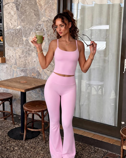 OMKAGI 2 Piece Workout Sets for Women Padded Tank Tops Flare Leggings Pilates Outfits