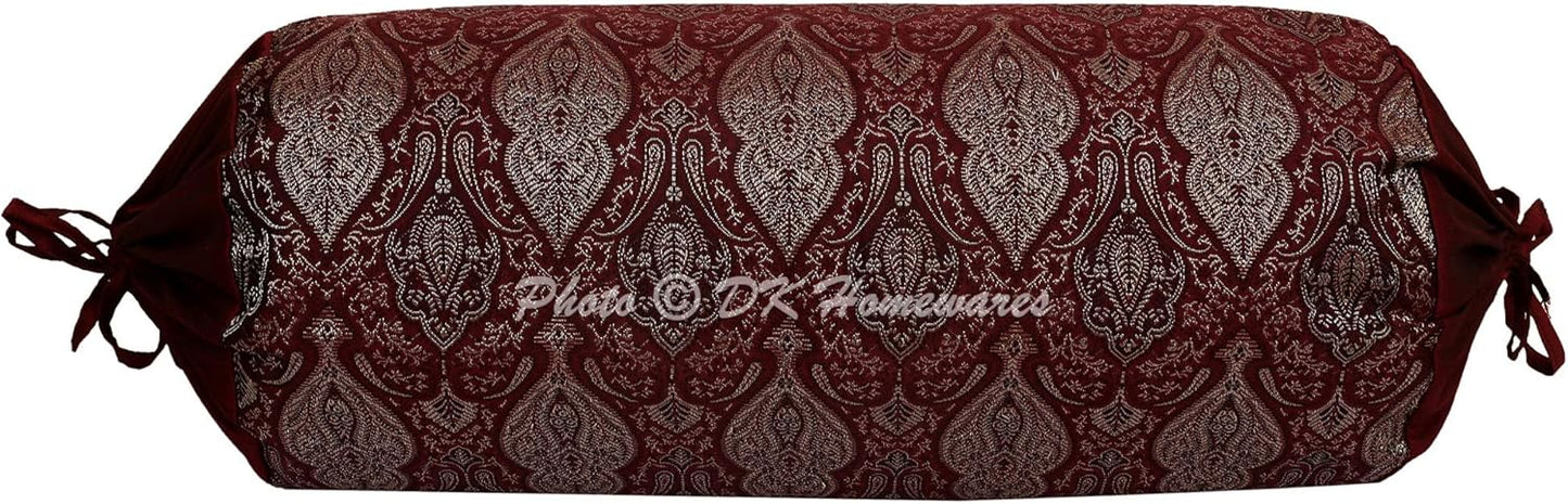 Ethnic Jacquard Brocade Silk Bolster Cushion Covers for Bed Damask Maroon Yoga Massand Living Room Decorative Cylindrical Hotdog Traditional Throw Pillowcase 76x38 cm - Set of 2 Pcs