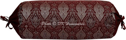 Ethnic Jacquard Brocade Silk Bolster Cushion Covers for Bed Damask Maroon Yoga Massand Living Room Decorative Cylindrical Hotdog Traditional Throw Pillowcase 76x38 cm - Set of 2 Pcs
