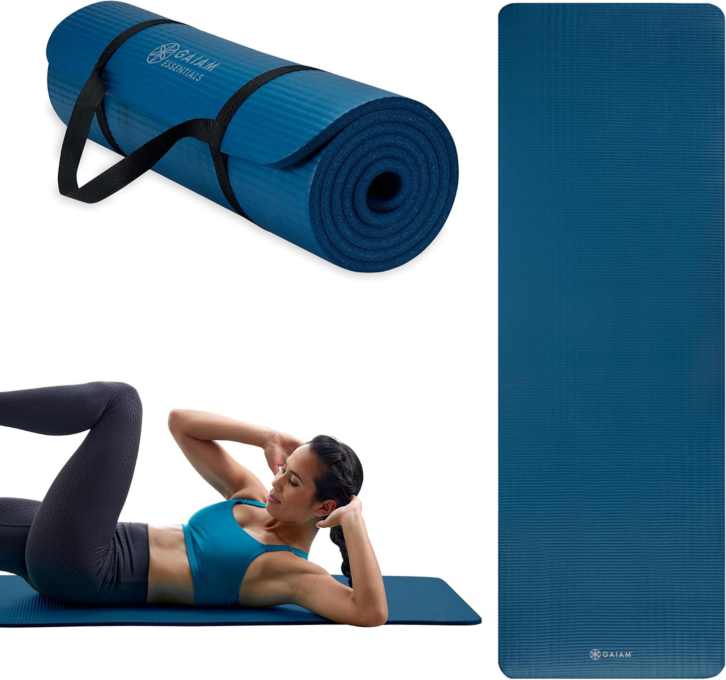 Gaiam Essentials 2/5" Thick (10mm) Yoga & Pilates, Fitness & Exercise Mat with Easy-Cinch Carrier Strap Cusion Support For Fitness and Gym Workouts