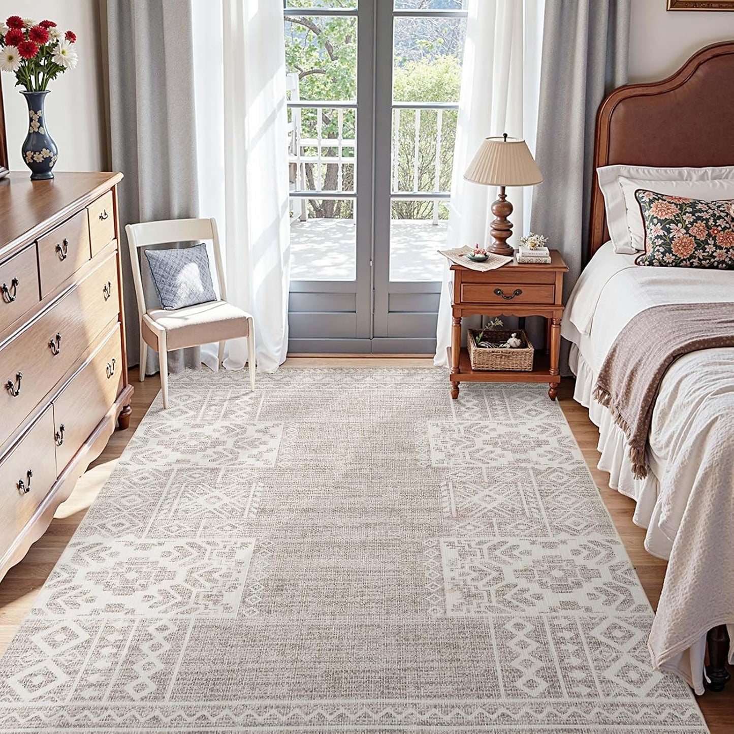jinchan Area Rug 4x6 Ultra-Thin Washable Vintage Boho Geometric Entryway Rug Non-Slip Non-Shedding Carpet for Living Room Bedroom Blue Ivory