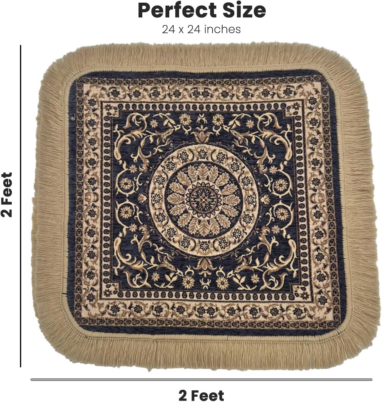 Soft Chenille Prayer Mat | Traditional Mandala Floral Pooja Aasan with Golden Fringes | Multipurpose Square Rug for Meditation, Yoga, Puja Room & Home (Red, 2x2 Feet)
