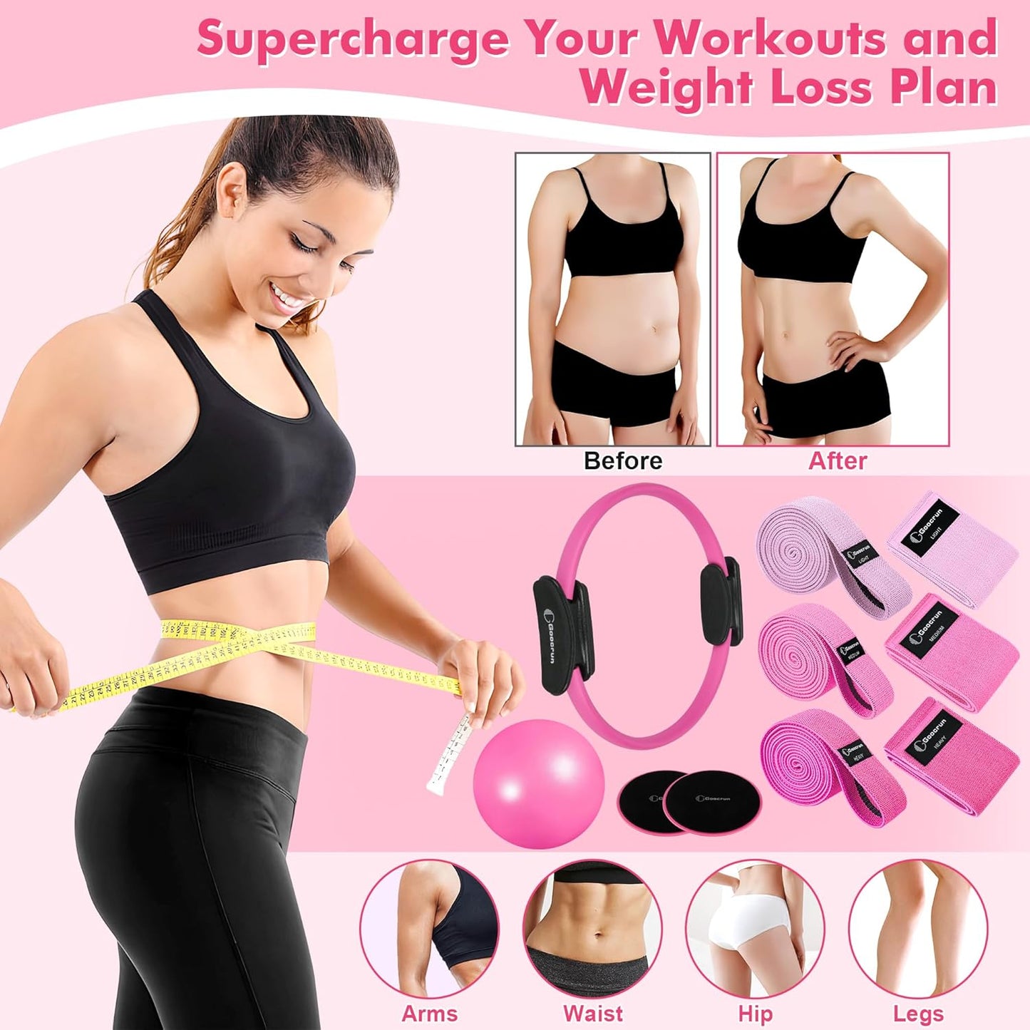 Goocrun Pilates Ring Set Exercise Equipment, with Exercise Resistance Bands Set, Pilates Ball, Sliding Disks. Portable Home Gym - with Fitness Guide Poster