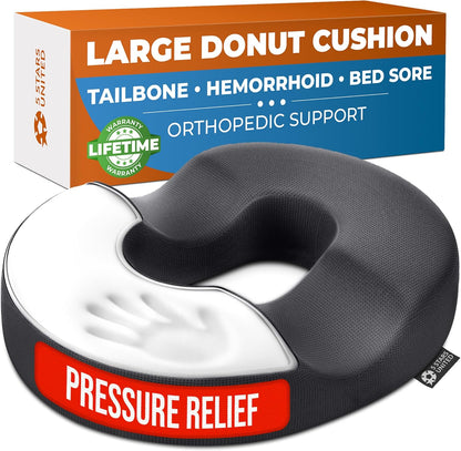 5 STARS UNITED Donut Pillow Hemorrhoid Tailbone Cushion – Large Floor Cushion for Pain Relief – Coccyx, Prostate, Sciatica, Pelvic Floor, Pressure Sores, Pregnancy, Postpartum Recovery, Black